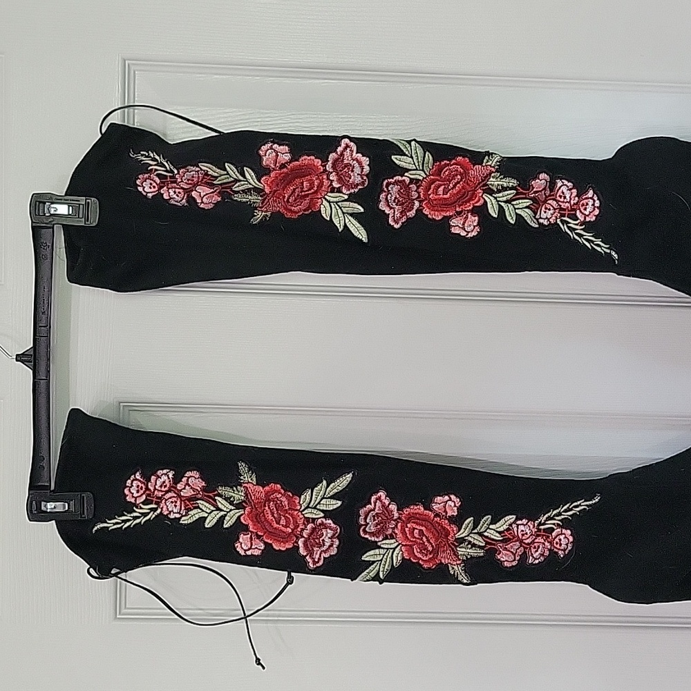 rose embroidered knee high boots heel